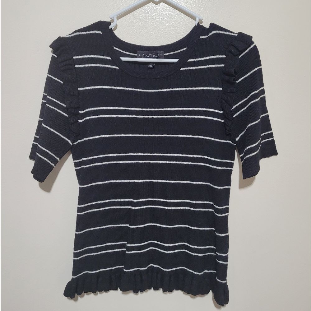 Laundry By Shelli Segal Striped Rib Ruffle Sweater - Picture 3 of 6